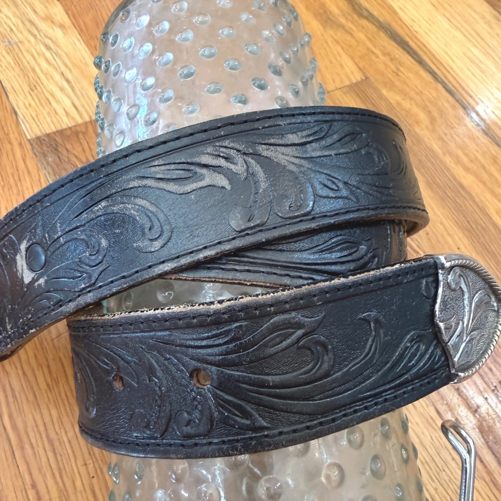 Tony Lama Black Floral Embossed Top Grain Leather Western Belt 46 C41513 USA